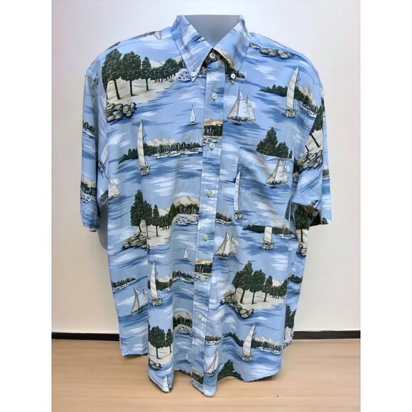 NAUTICA BUTTON DOWN COLLARED SHORT SLEEVE BLUE NAUTICAL THEMED SHIRT SIZE LARGE - Picture 6 of 8